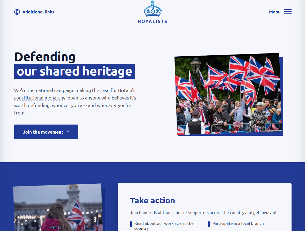 The Royalists website built on the Plinth theme